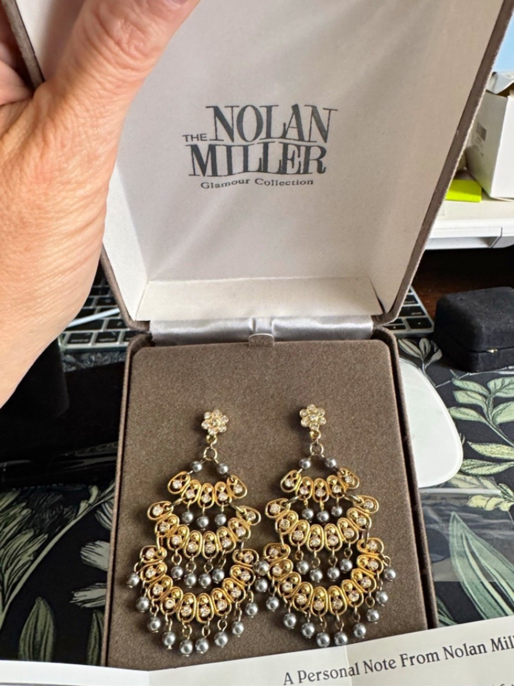 Nolan Miller Gold Tone Chandelier Dangle Earrings Crystal Pearl NIB COA